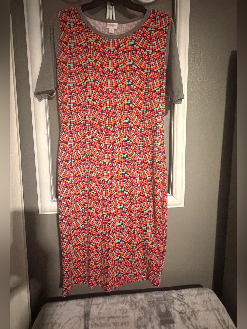 LuLaRoe Multicolor Mosaic Tee with Gray Trim